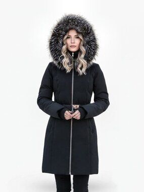 SOIA & KYO Christy-Xn Down Coat, Black With Silver Fox Fur - Women's Small, NWOT